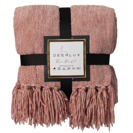 DEERLUX Decorative Chenille Throw Blanket with Fringe, Dark Pink QI003969.PK.D